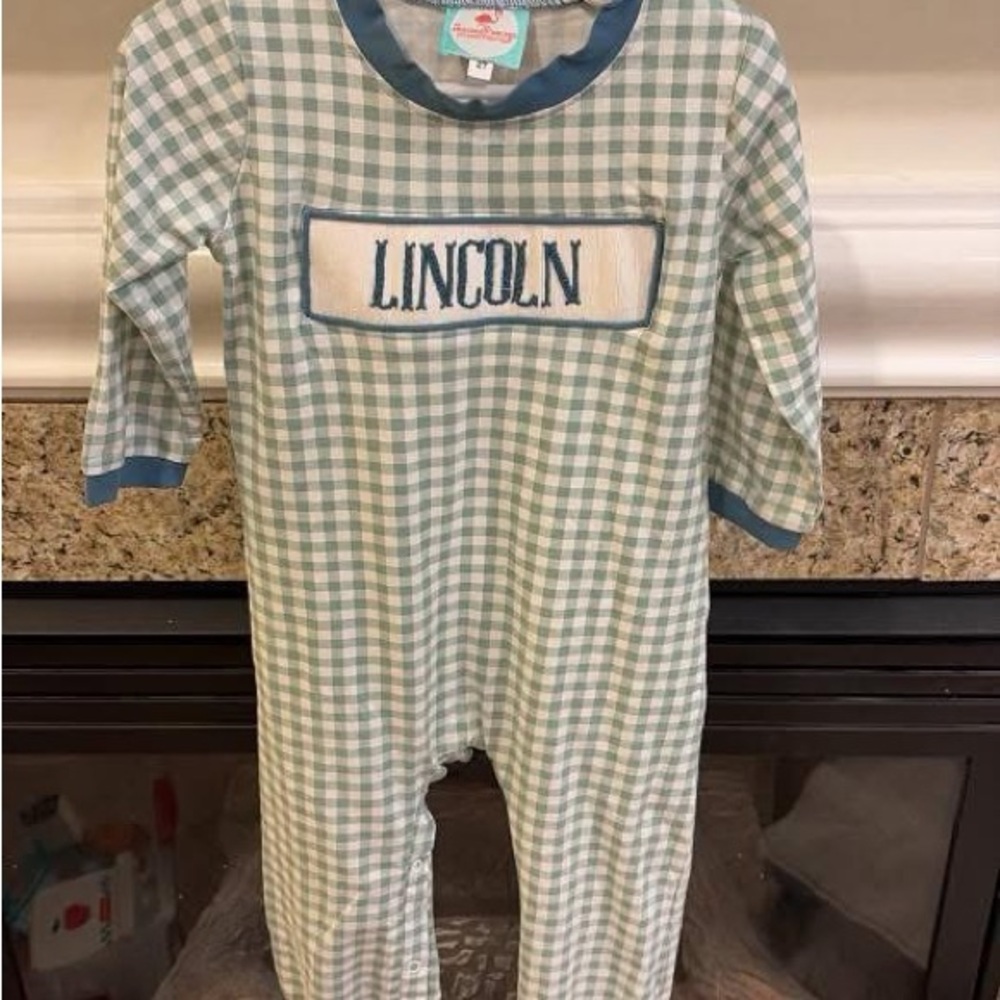 Personalized Lincoln Green Gingham Infant One-Piece 2T